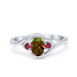 Three Stone Engagement Ring Oval Cut Round Simulated Ruby Cubic Zirconia 925 Sterling Silver