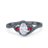 Three Stone Engagement Ring Oval Cut Round Simulated Ruby Cubic Zirconia 925 Sterling Silver