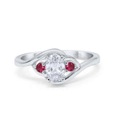 Three Stone Engagement Ring Oval Cut Round Simulated Ruby Cubic Zirconia 925 Sterling Silver