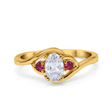 Three Stone Engagement Ring Oval Cut Round Simulated Ruby Cubic Zirconia 925 Sterling Silver