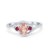 Three Stone Engagement Ring Oval Cut Round Simulated Ruby Cubic Zirconia 925 Sterling Silver