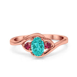 Three Stone Engagement Ring Oval Cut Round Simulated Ruby Cubic Zirconia 925 Sterling Silver