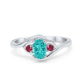Three Stone Engagement Ring Oval Cut Round Simulated Ruby Cubic Zirconia 925 Sterling Silver