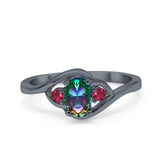 Three Stone Engagement Ring Oval Cut Round Simulated Ruby Cubic Zirconia 925 Sterling Silver