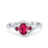 Three Stone Engagement Ring Oval Cut Round Simulated Ruby Cubic Zirconia 925 Sterling Silver
