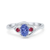 Three Stone Engagement Ring Oval Cut Round Simulated Ruby Cubic Zirconia 925 Sterling Silver