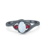 Three Stone Engagement Ring Oval Cut Round Simulated Ruby Cubic Zirconia 925 Sterling Silver