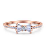Petite Dainty Ribbon Bow Ring Baguette Engagement Band Round Simulated Cubic Zirconia 925 Sterling Silver