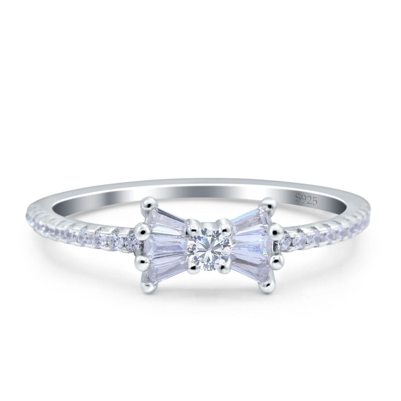 Petite Dainty Ribbon Bow Ring Baguette Engagement Band Round Simulated Cubic Zirconia 925 Sterling Silver