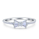 Petite Dainty Ribbon Bow Ring Baguette Engagement Band Round Simulated Cubic Zirconia 925 Sterling Silver