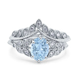 Two Piece Vintage Style Wedding Engagement Bridal Set Ring Band Oval Simulated Cubic Zirconia 925 Sterling Silver