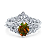 Two Piece Vintage Style Wedding Engagement Bridal Set Ring Band Oval Simulated Cubic Zirconia 925 Sterling Silver