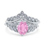 Two Piece Vintage Style Wedding Engagement Bridal Set Ring Band Oval Simulated Cubic Zirconia 925 Sterling Silver
