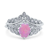Two Piece Vintage Style Wedding Engagement Bridal Set Ring Band Oval Simulated Cubic Zirconia 925 Sterling Silver