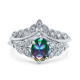 Two Piece Vintage Style Wedding Engagement Bridal Set Ring Band Oval Simulated Cubic Zirconia 925 Sterling Silver