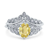 Two Piece Vintage Style Wedding Engagement Bridal Set Ring Band Oval Simulated Cubic Zirconia 925 Sterling Silver