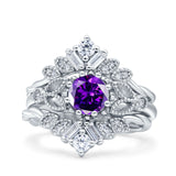 Art Deco Three Piece Wedding Bridal Set Ring Baguette Round Simulated Cubic Zirconia 925 Sterling Silver
