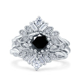Art Deco Three Piece Wedding Bridal Set Ring Baguette Round Simulated Cubic Zirconia 925 Sterling Silver