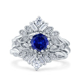 Art Deco Three Piece Wedding Bridal Set Ring Baguette Round Simulated Cubic Zirconia 925 Sterling Silver