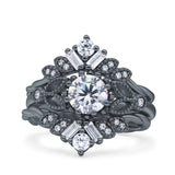 Art Deco Three Piece Wedding Bridal Set Ring Baguette Round Simulated Cubic Zirconia 925 Sterling Silver