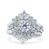 Art Deco Three Piece Wedding Bridal Set Ring Baguette Round Simulated Cubic Zirconia 925 Sterling Silver