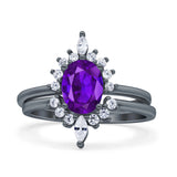 Two Piece Vintage Style Art Deco Wedding Bridal Set Ring Band Oval Simulated Cubic Zirconia 925 Sterling Silver