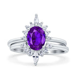 Two Piece Vintage Style Art Deco Wedding Bridal Set Ring Band Oval Simulated Cubic Zirconia 925 Sterling Silver