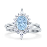 Two Piece Vintage Style Art Deco Wedding Bridal Set Ring Band Oval Simulated Cubic Zirconia 925 Sterling Silver