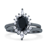 Two Piece Vintage Style Art Deco Wedding Bridal Set Ring Band Oval Simulated Cubic Zirconia 925 Sterling Silver