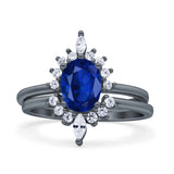 Two Piece Vintage Style Art Deco Wedding Bridal Set Ring Band Oval Simulated Cubic Zirconia 925 Sterling Silver