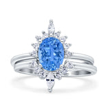 Two Piece Vintage Style Art Deco Wedding Bridal Set Ring Band Oval Simulated Cubic Zirconia 925 Sterling Silver