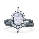 Two Piece Vintage Style Art Deco Wedding Bridal Set Ring Band Oval Simulated Cubic Zirconia 925 Sterling Silver