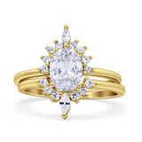 Two Piece Vintage Style Art Deco Wedding Bridal Set Ring Band Oval Simulated Cubic Zirconia 925 Sterling Silver