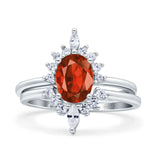 Two Piece Vintage Style Art Deco Wedding Bridal Set Ring Band Oval Simulated Cubic Zirconia 925 Sterling Silver