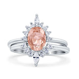 Two Piece Vintage Style Art Deco Wedding Bridal Set Ring Band Oval Simulated Cubic Zirconia 925 Sterling Silver