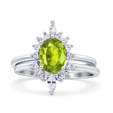 Two Piece Vintage Style Art Deco Wedding Bridal Set Ring Band Oval Simulated Cubic Zirconia 925 Sterling Silver