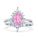 Two Piece Vintage Style Art Deco Wedding Bridal Set Ring Band Oval Simulated Cubic Zirconia 925 Sterling Silver