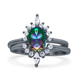 Two Piece Vintage Style Art Deco Wedding Bridal Set Ring Band Oval Simulated Cubic Zirconia 925 Sterling Silver
