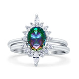 Two Piece Vintage Style Art Deco Wedding Bridal Set Ring Band Oval Simulated Cubic Zirconia 925 Sterling Silver