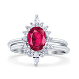 Two Piece Vintage Style Art Deco Wedding Bridal Set Ring Band Oval Simulated Cubic Zirconia 925 Sterling Silver