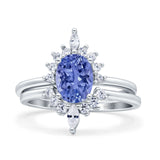 Two Piece Vintage Style Art Deco Wedding Bridal Set Ring Band Oval Simulated Cubic Zirconia 925 Sterling Silver