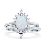 Two Piece Vintage Style Art Deco Wedding Bridal Set Ring Band Oval Simulated Cubic Zirconia 925 Sterling Silver