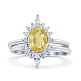 Two Piece Vintage Style Art Deco Wedding Bridal Set Ring Band Oval Simulated Cubic Zirconia 925 Sterling Silver