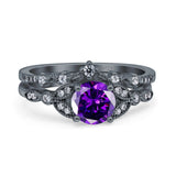 Two Piece Vintage Style Wedding Bridal Set Ring Band Round Simulated Cubic Zirconia 925 Sterling Silver