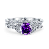 Two Piece Vintage Style Wedding Bridal Set Ring Band Round Simulated Cubic Zirconia 925 Sterling Silver