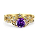 Two Piece Vintage Style Wedding Bridal Set Ring Band Round Simulated Cubic Zirconia 925 Sterling Silver