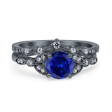 Two Piece Vintage Style Wedding Bridal Set Ring Band Round Simulated Cubic Zirconia 925 Sterling Silver