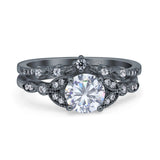 Two Piece Vintage Style Wedding Bridal Set Ring Band Round Simulated Cubic Zirconia 925 Sterling Silver