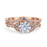 Two Piece Vintage Style Wedding Bridal Set Ring Band Round Simulated Cubic Zirconia 925 Sterling Silver