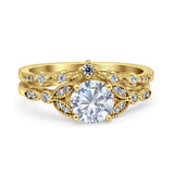 Two Piece Vintage Style Wedding Bridal Set Ring Band Round Simulated Cubic Zirconia 925 Sterling Silver